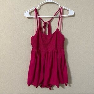 a.n.a. Top Fushsia Pink Halter Tank Tie Back Tassels Boho Hippie Festival